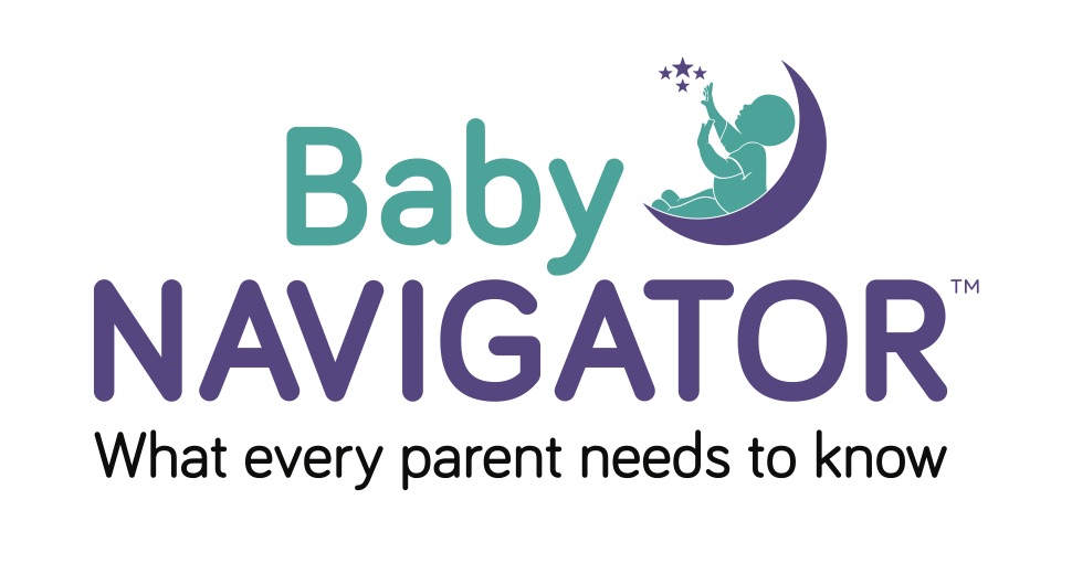 Logo for Baby Navigator: A baby reaching for stars while sitting on a crescent moon. Tagline: What every parent needs to know