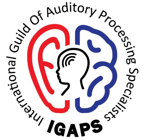 Logo for the International Guild of Auditory Processing Specialists, IGAPS. An outline of a young boy's profile next to icons of an ear and a brain